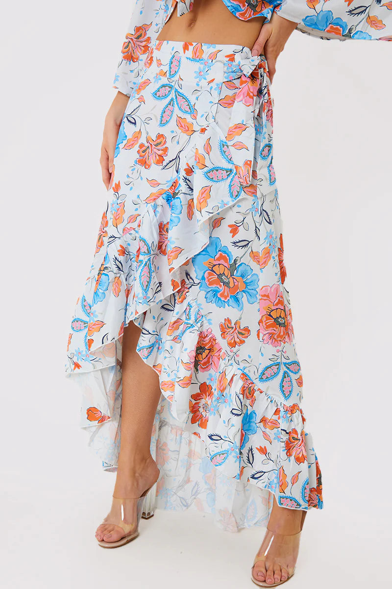 Multi Floral Frill Detail Wrap Maxi Skirt