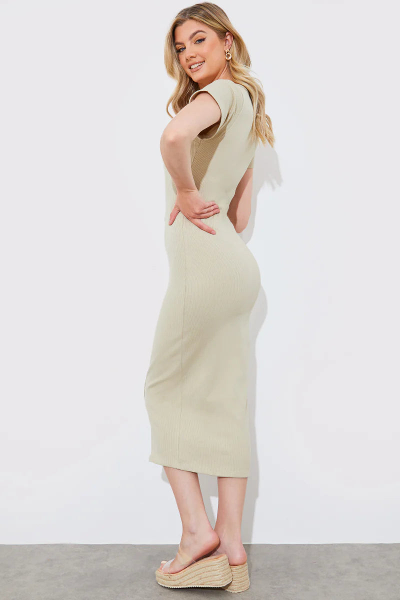 Ribbed Button Through Short Sleeve Midaxi Dress