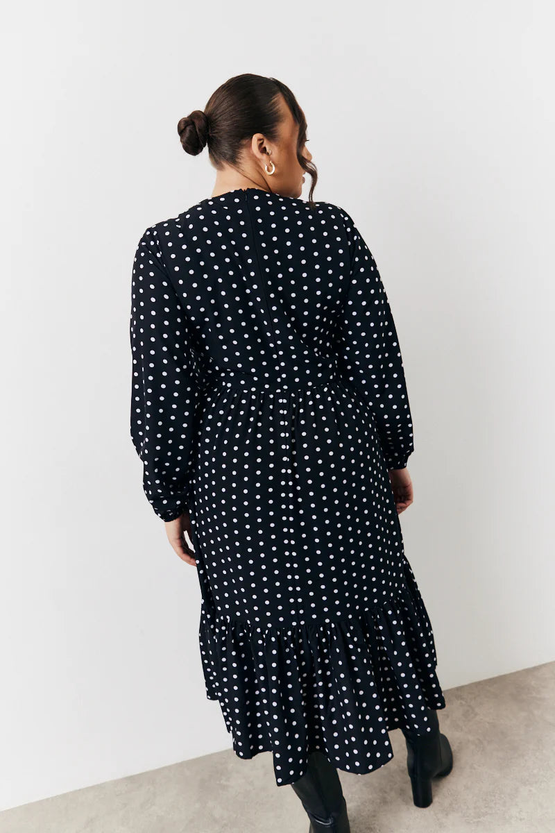 Black and White Polka Dot Frill Detail Midaxi Dress