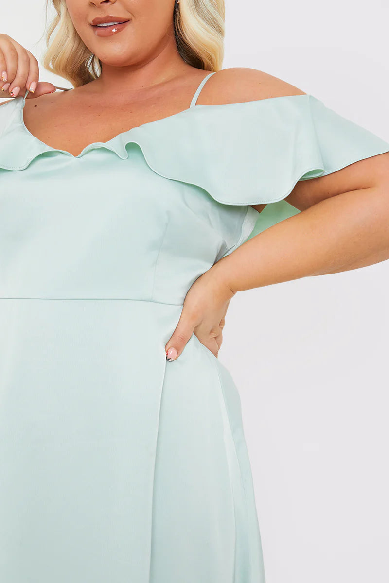 Satin Frill Off The Shoulder Maxi Dress