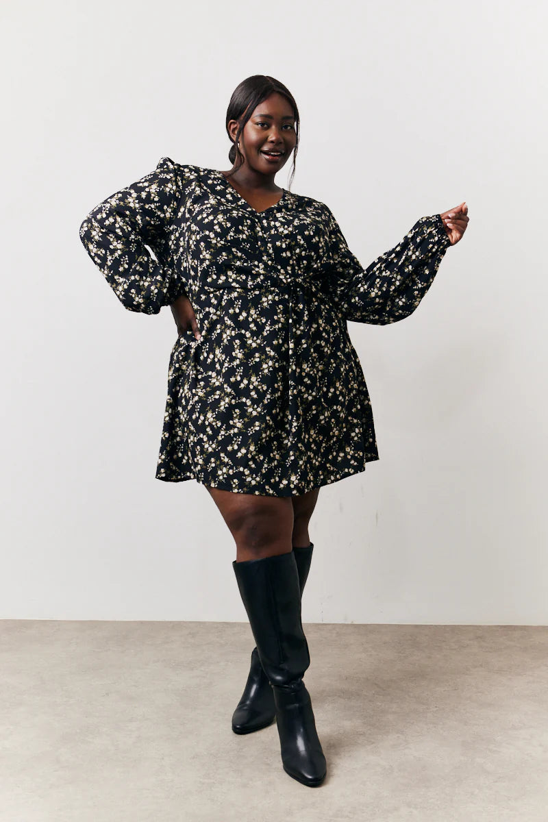 Black Ditsy Floral Printed Mini Wrap Front Dress