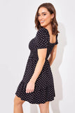 Polka Dot Shirred Bust Puff Sleeve Swing Dress