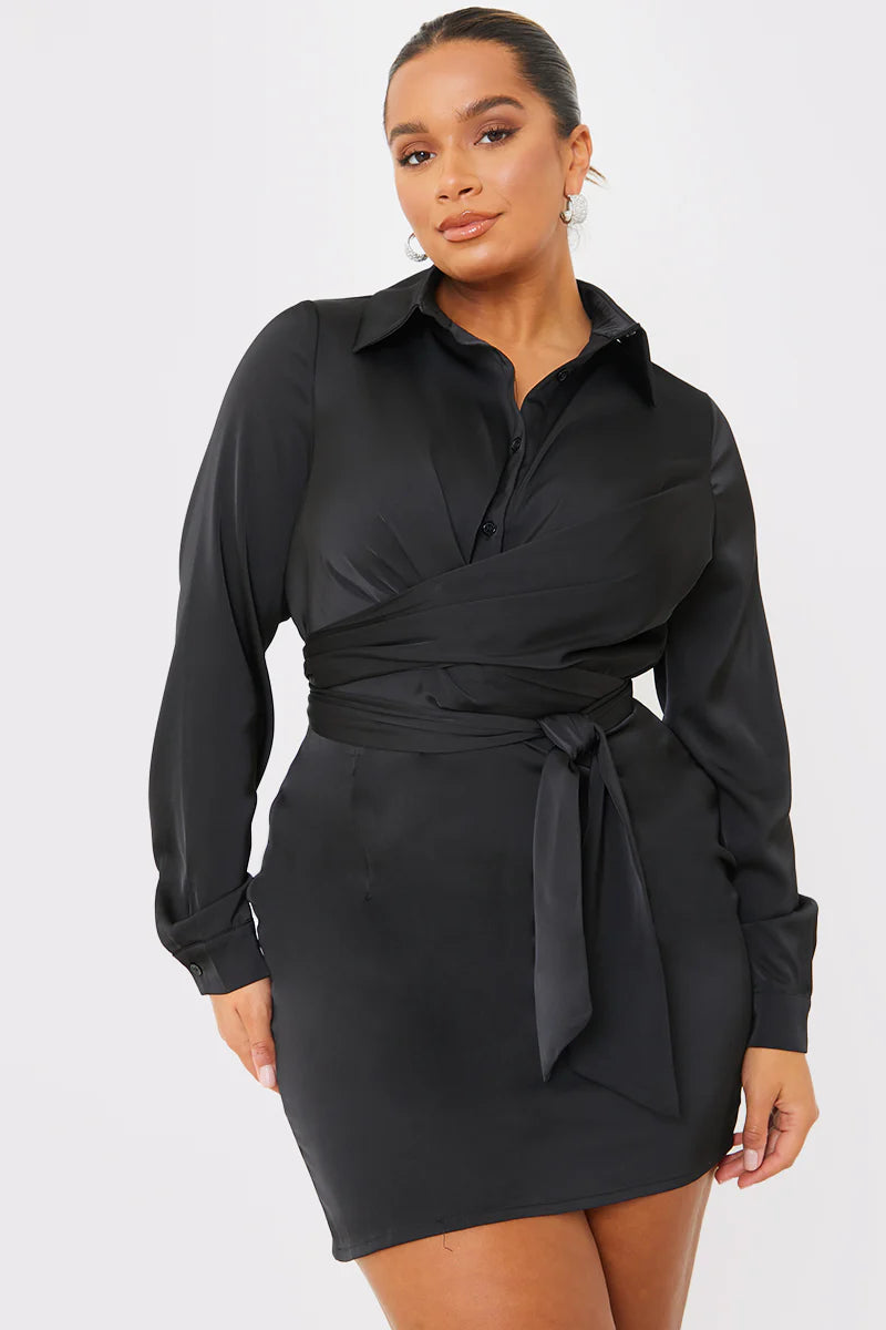 Satin Tie Waist Shirt Dress