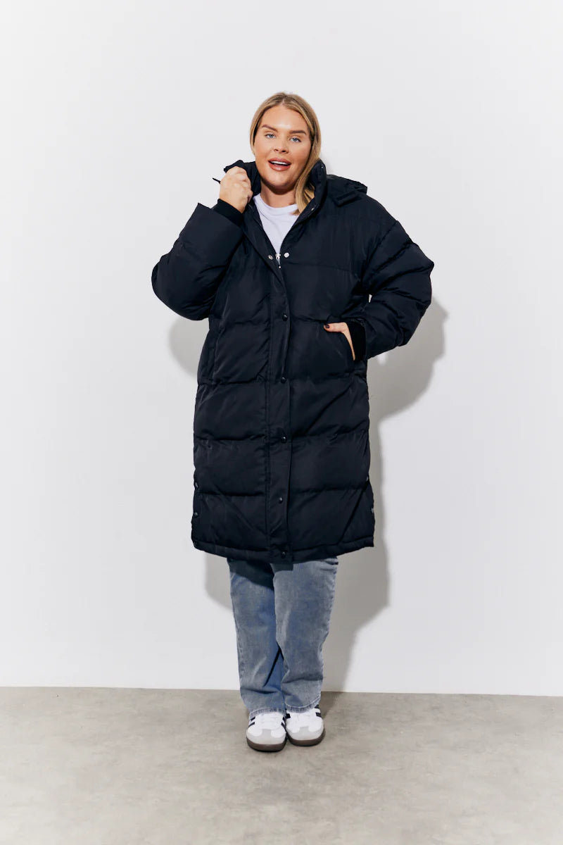 Black Hooded Longline Popper Puffer Coat