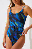 Abstract Print Scoop Neck Gold Trim Belted Swimsuit