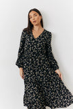Black Ditsy Floral Printed Wrap Midi Dress