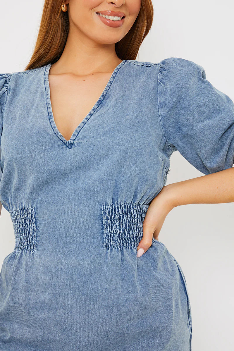 Denim V Neck Shirred Waist Tie Back Mini Dress