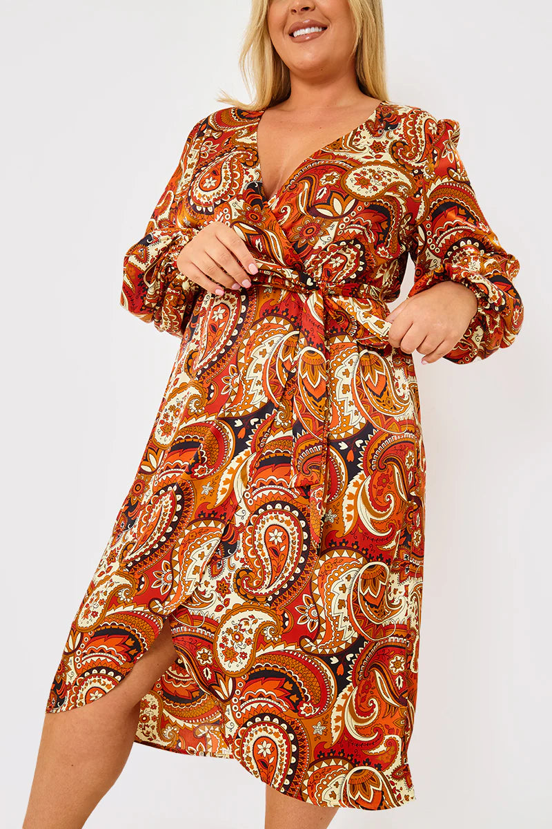 Plunge Balloon Sleeve Belted Midi Dress