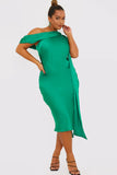 Green Satin Asymmetric Neckline Midi Dress