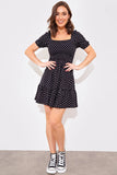Polka Dot Shirred Bust Puff Sleeve Swing Dress