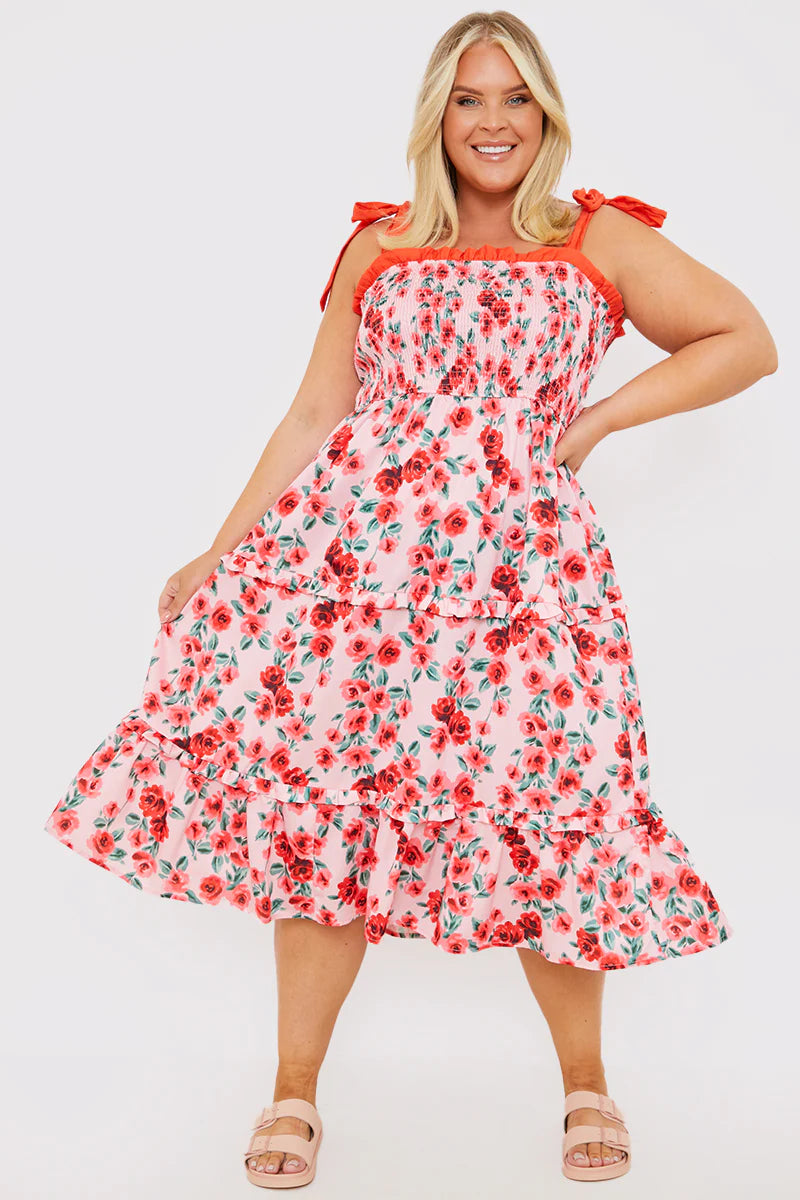 Shirred Bust Ruffle Midi Dress