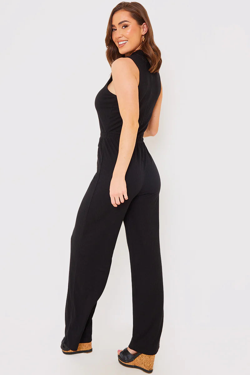 Black Rib Wide Leg Jumpsuit