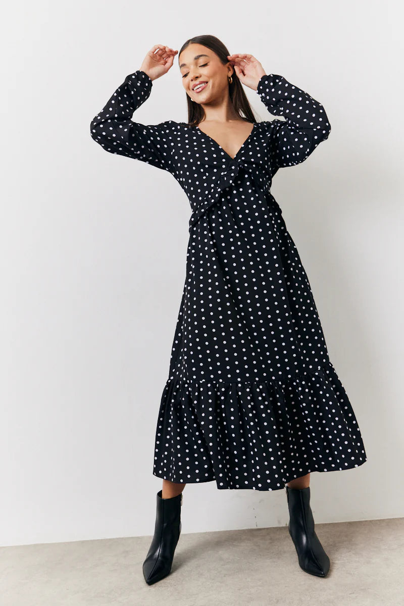 Black and White Polka Dot Frill Detail Midaxi Dress
