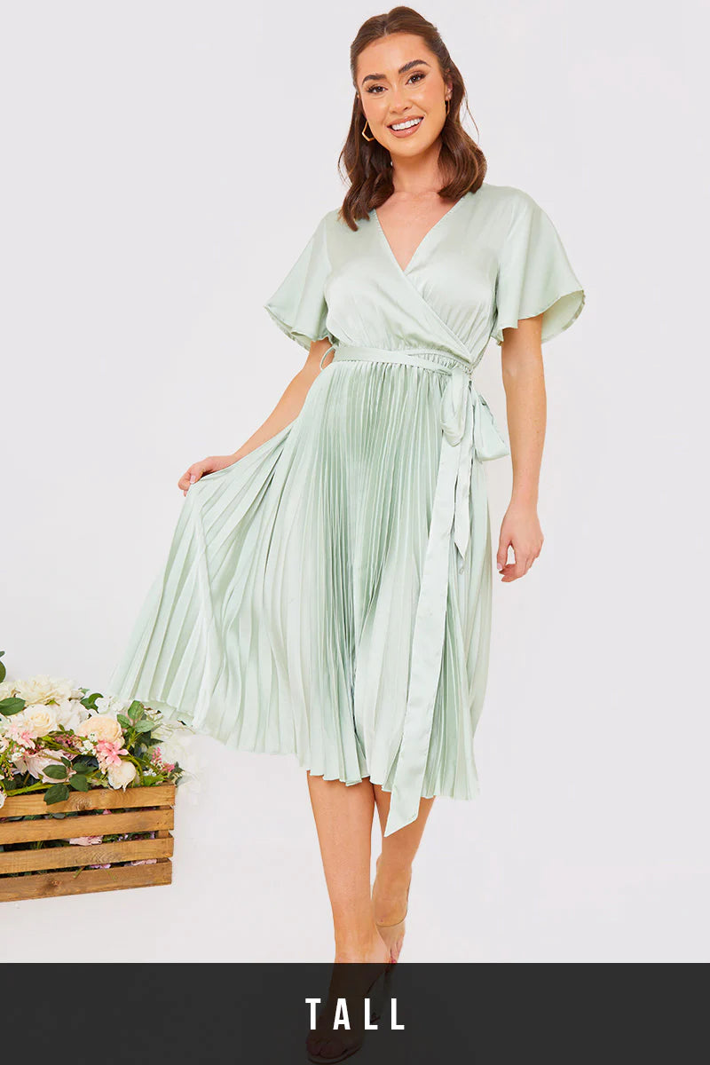 Angel Sleeve Pleated Wrap Midi Dress