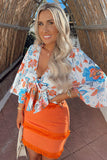 Multi Floral Tie Front Fluted Sleeve Crop Top