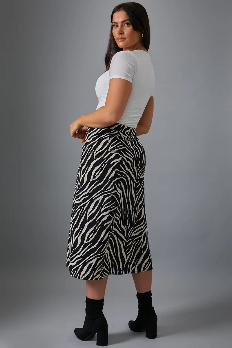 Zebra Print Satin Midi Skirt