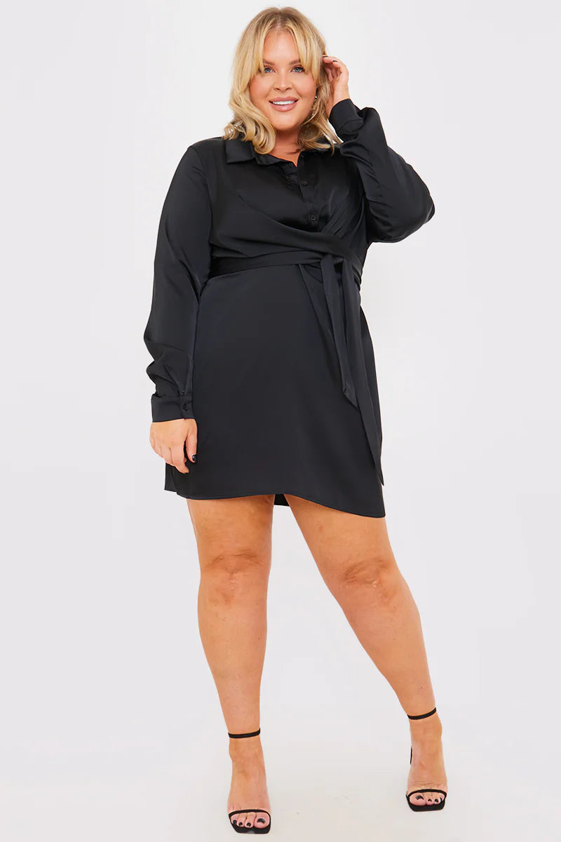 Satin Tie Waist Shirt Dress