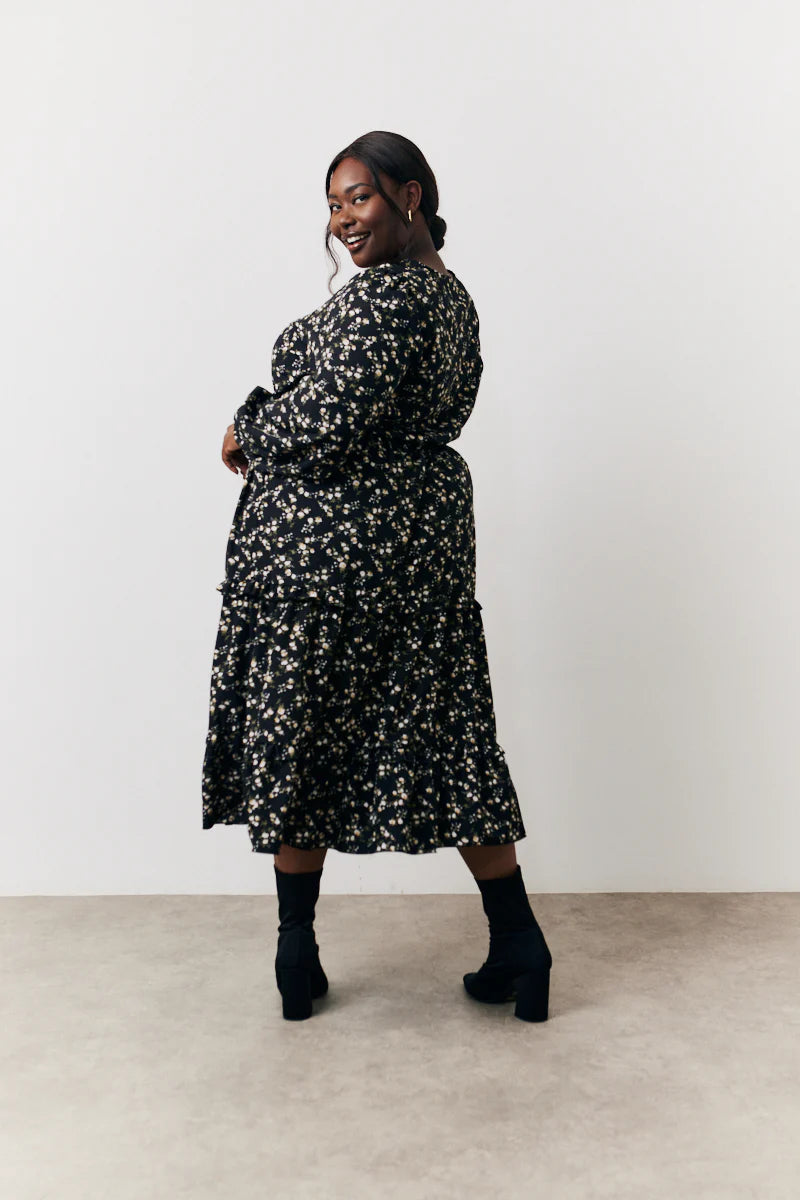 Black Ditsy Floral Printed Wrap Midi Dress