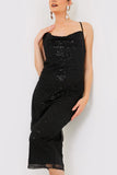 Beaded Sequin Cowl Neck Low Back Midi Slip Dress