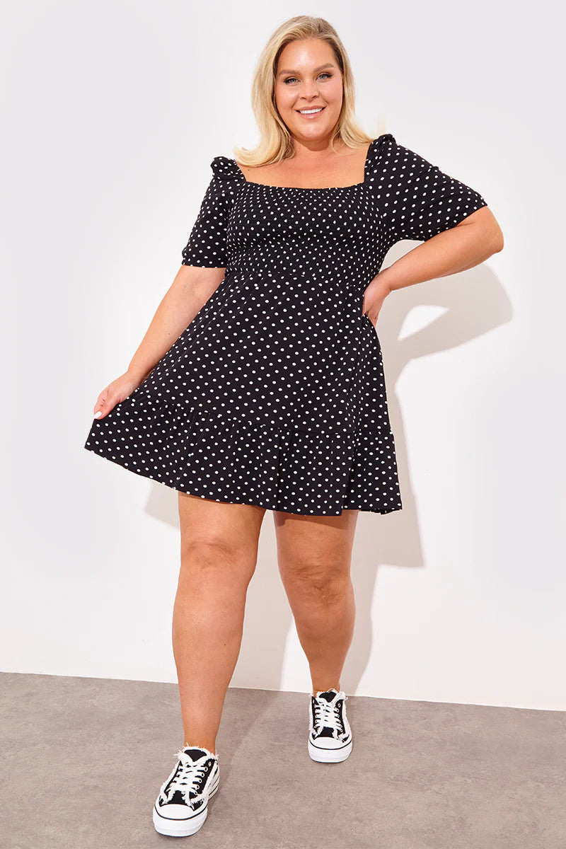 Polka Dot Shirred Bust Puff Sleeve Swing Dress