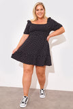 Polka Dot Shirred Bust Puff Sleeve Swing Dress
