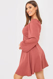 Channel Front Ruched Balloon Sleeve Shift Dress
