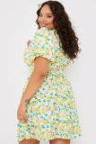 Round Neck Shirred Waist Lemon Smock Dress