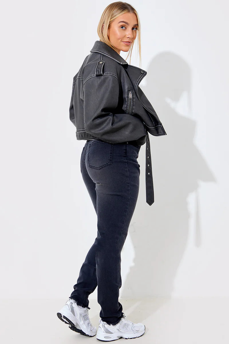 Acid Wash Straight Leg Split Hem Jeans