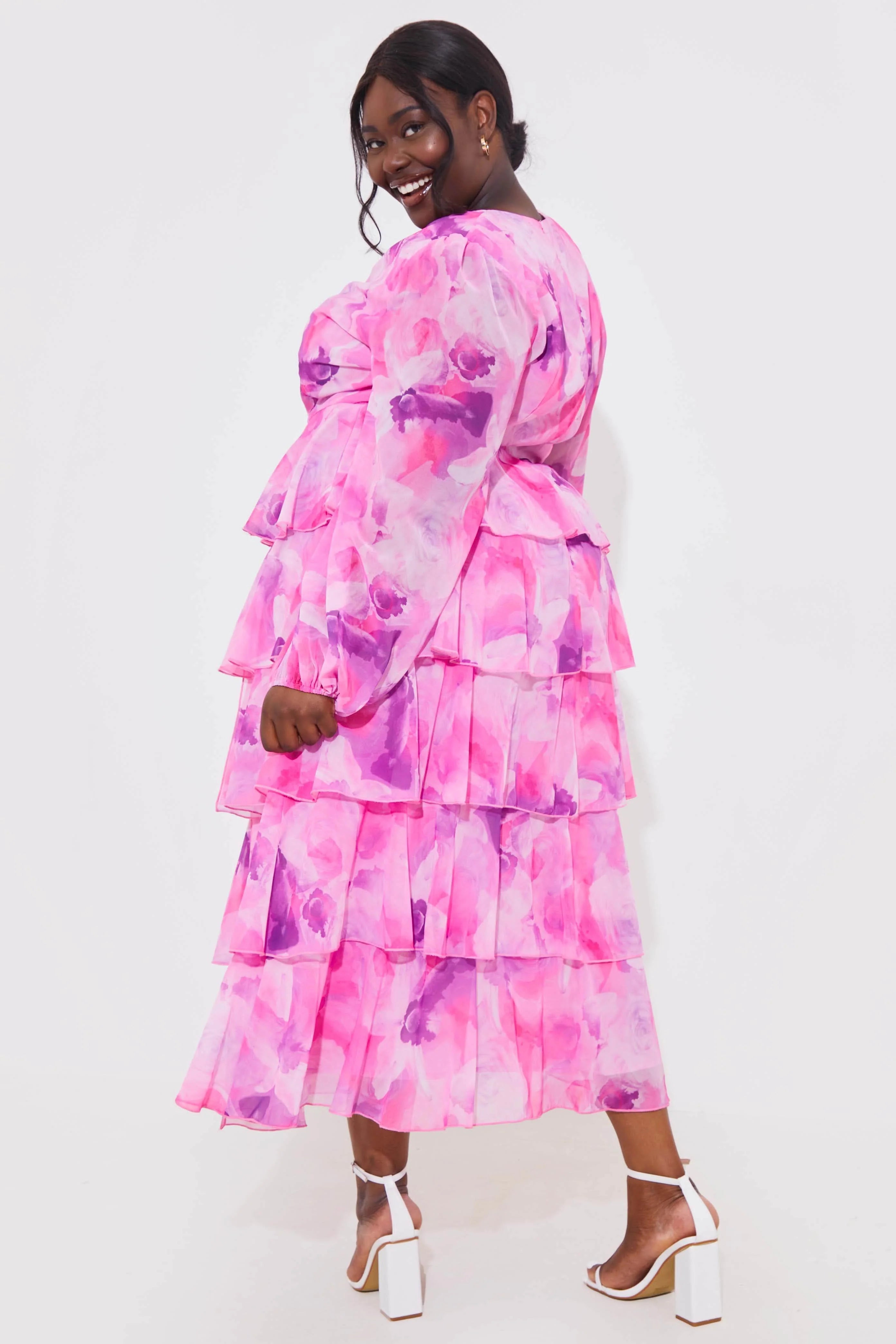 Abstract Floral Chiffon Frill Midaxi Dress