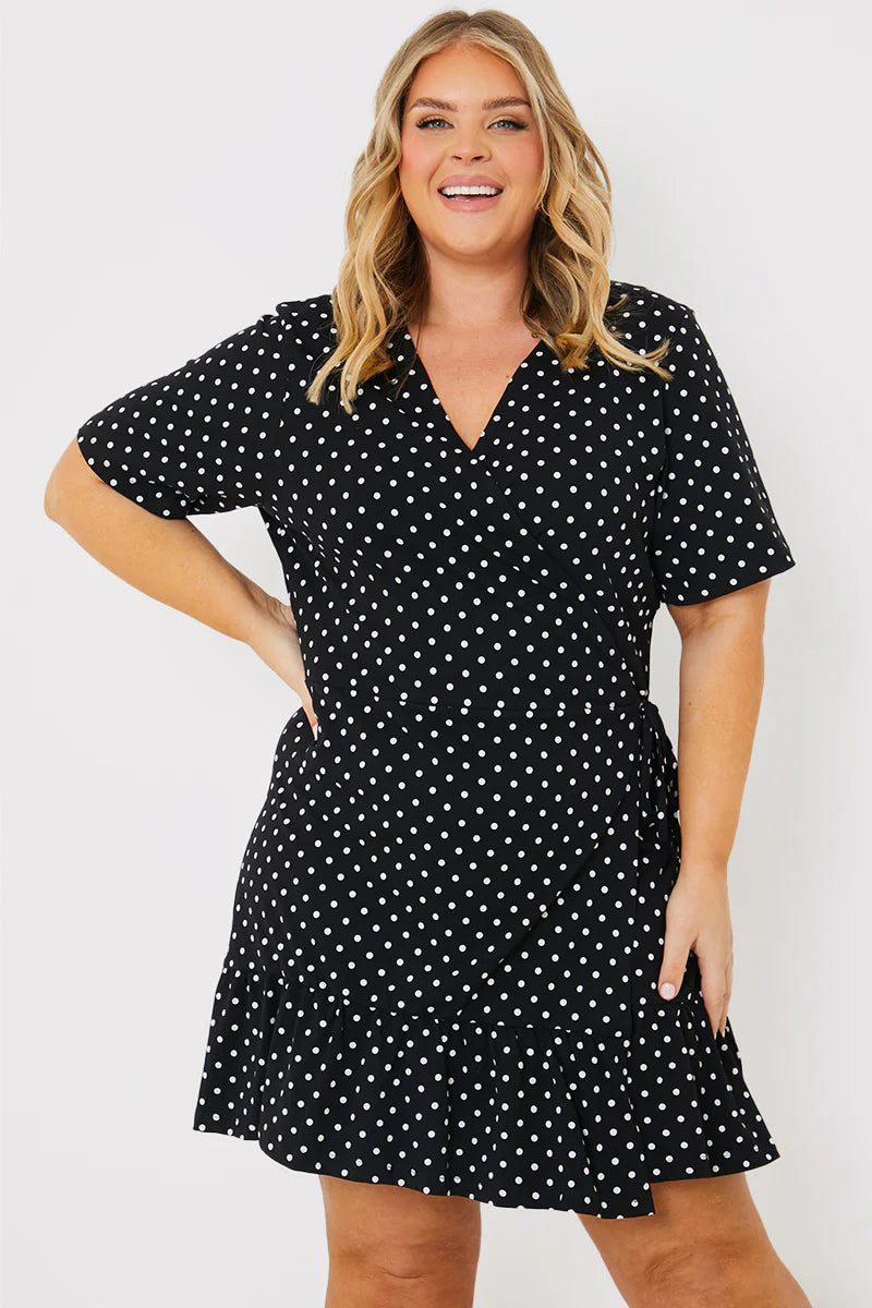 Polka Dot Print Short Sleeve Wrap Swing Dress