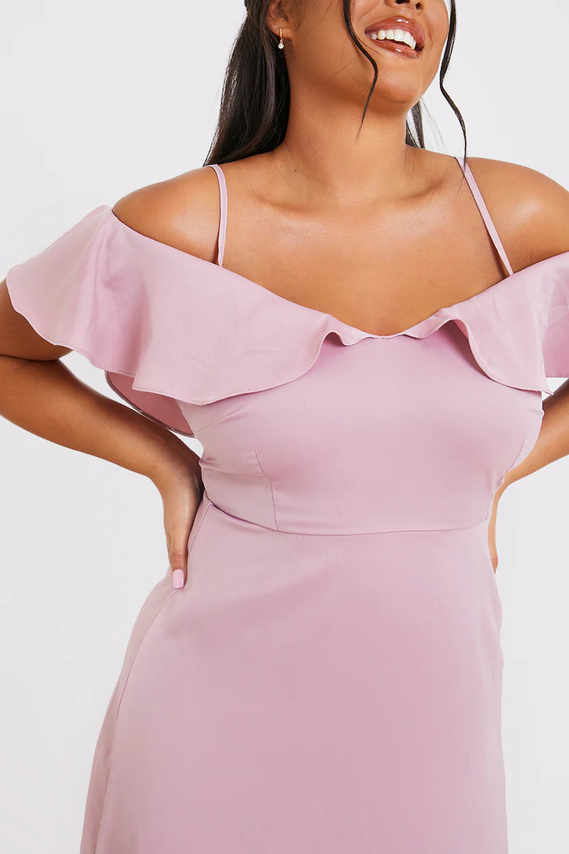 Satin Frill Off The Shoulder Maxi Dress