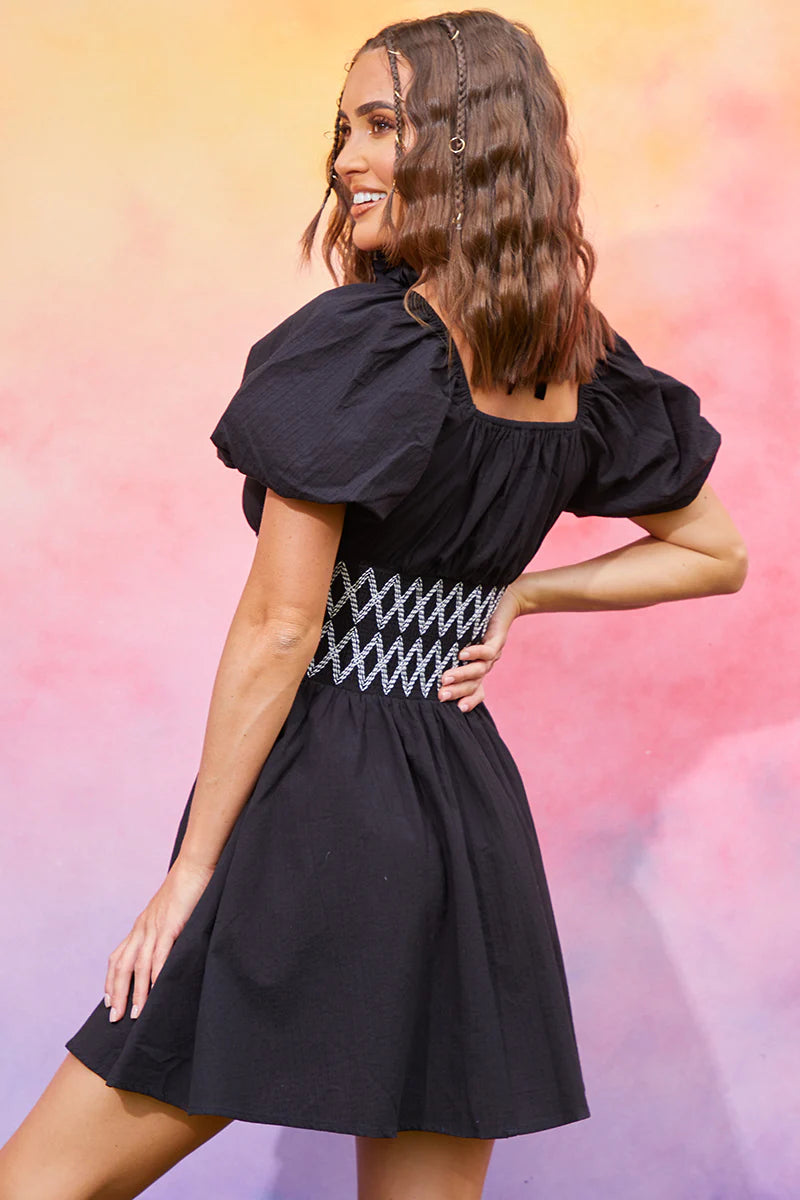 Short Sleeve Milkmaid Dress With Embroidery Detail