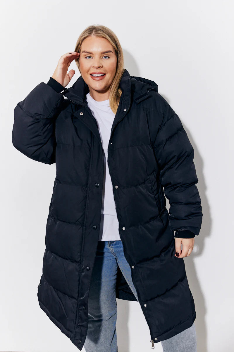 Black Hooded Longline Popper Puffer Coat