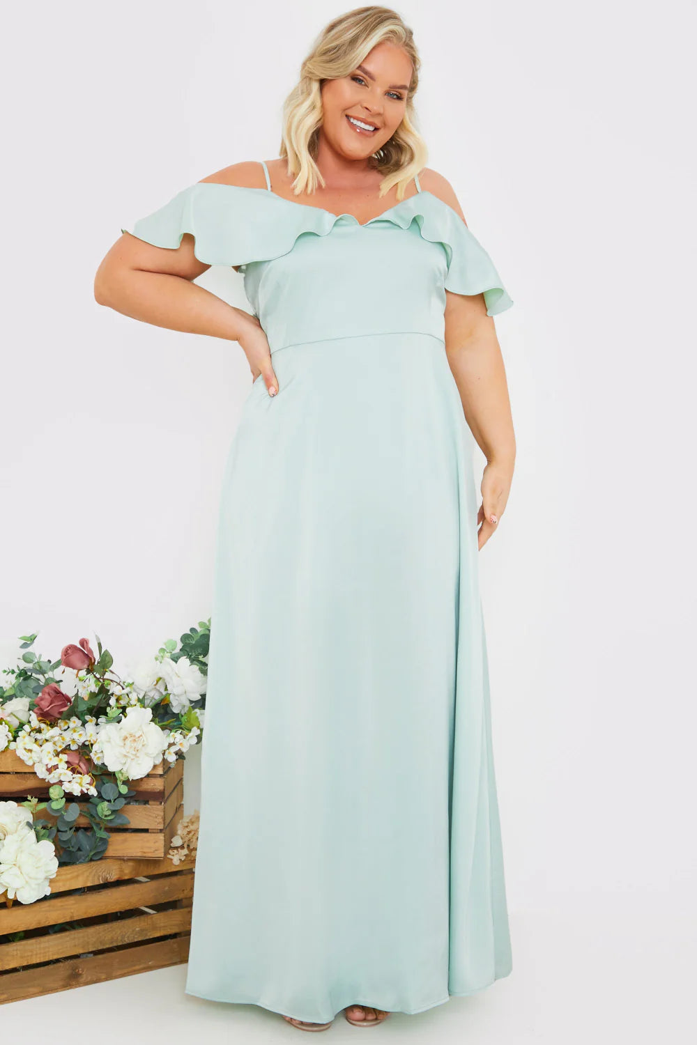 Satin Frill Off The Shoulder Maxi Dress