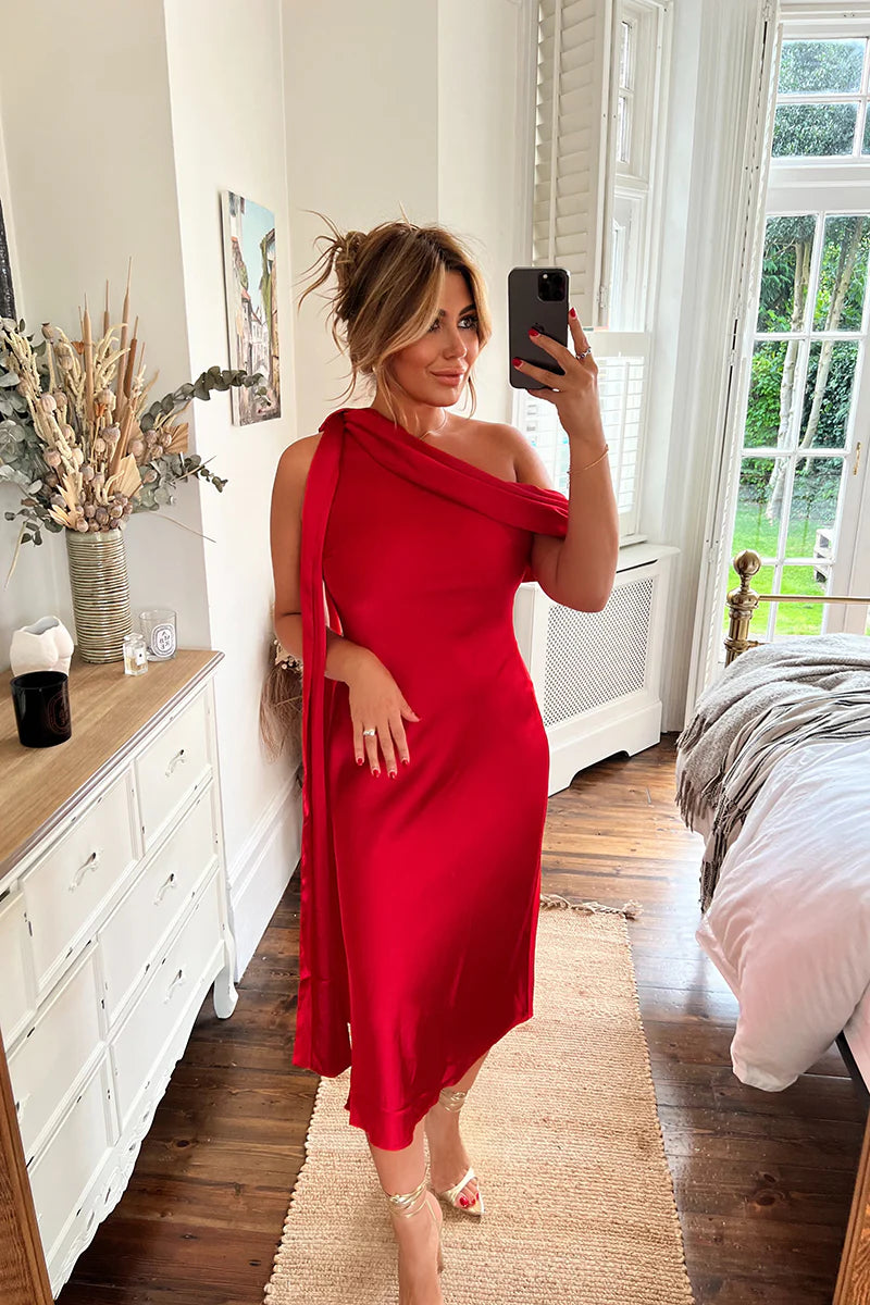 Satin Asymmetric Draped Neckline Midi Dress