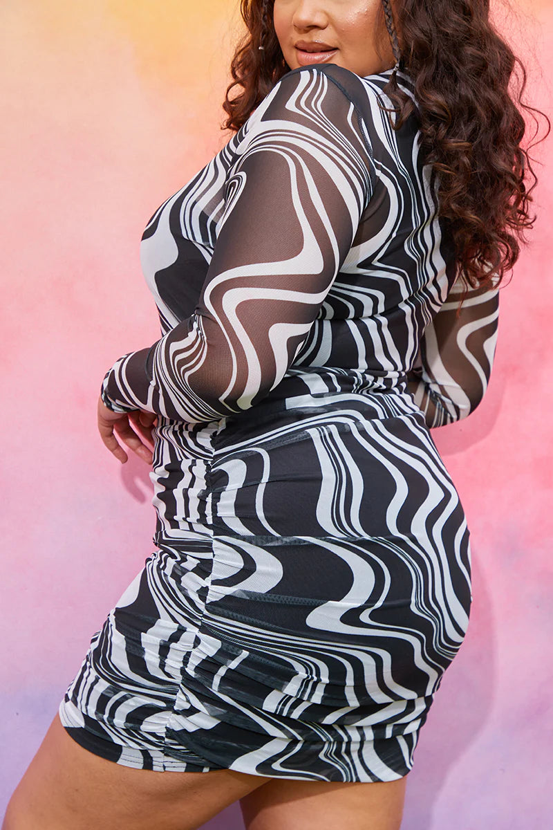 Swirl Print Mesh Bodycon Dress