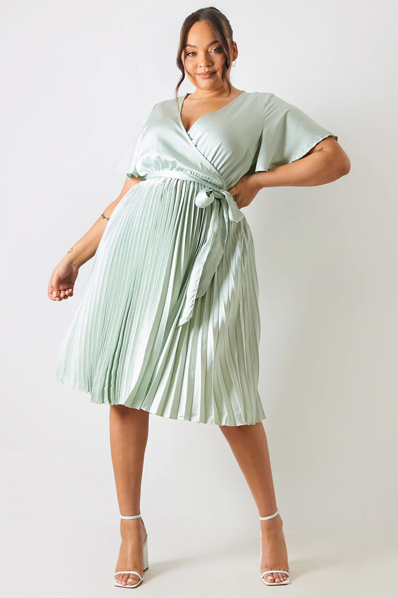 Angel Sleeve Pleated Wrap Midi Dress