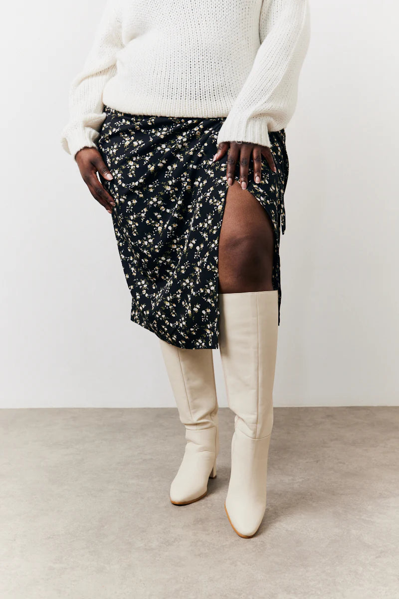 Black Floral Wrap Midi Skirt