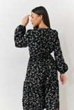 Black Ditsy Floral Printed Wrap Midi Dress