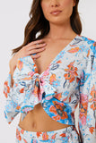 Multi Floral Tie Front Fluted Sleeve Crop Top