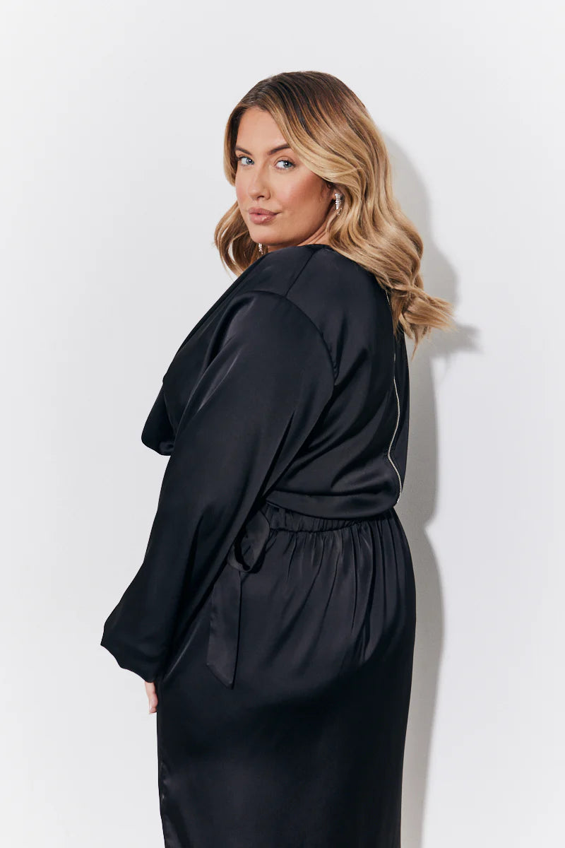 Black Curved Hem Satin Top