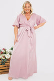 Satin Flutter Sleeve Tie Waist Wrap Dress