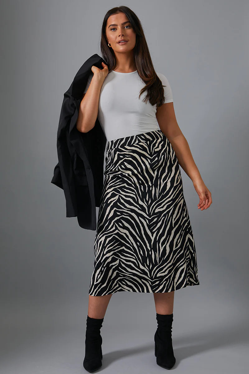 Zebra Print Satin Midi Skirt
