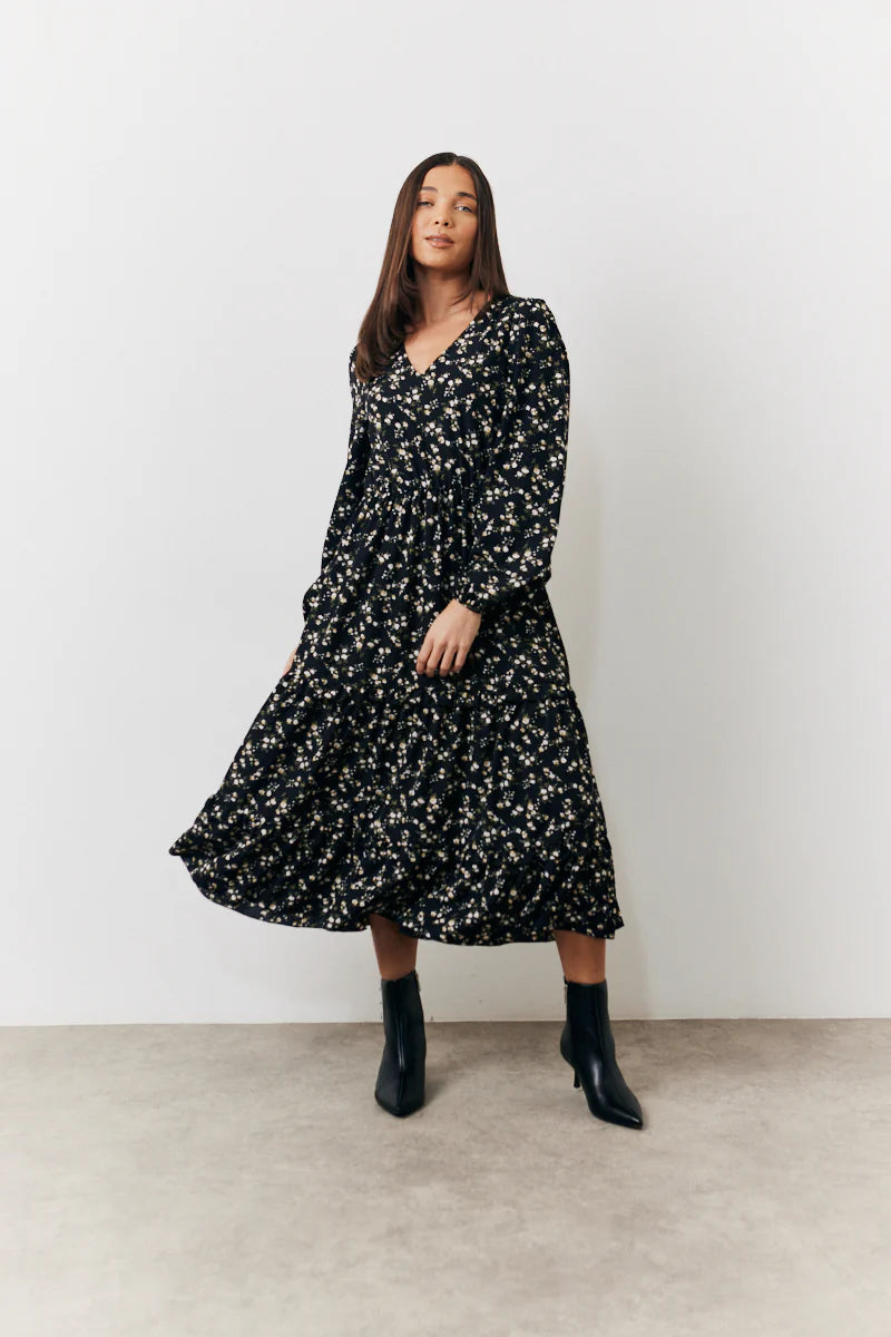 Black Ditsy Floral Printed Wrap Midi Dress
