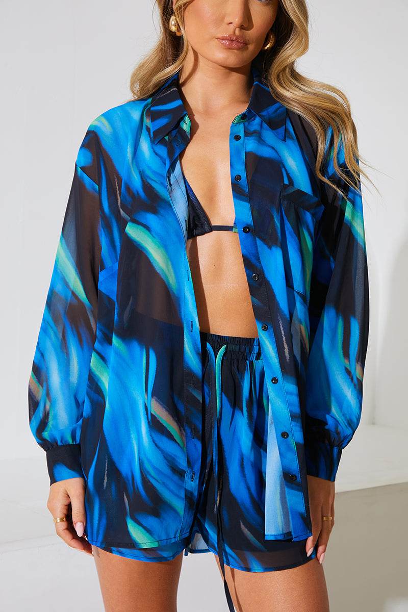 Abstract Print Chiffon Co-Ord Beach Shirt