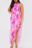 Abstract Floral Frill Detail Maxi Dress