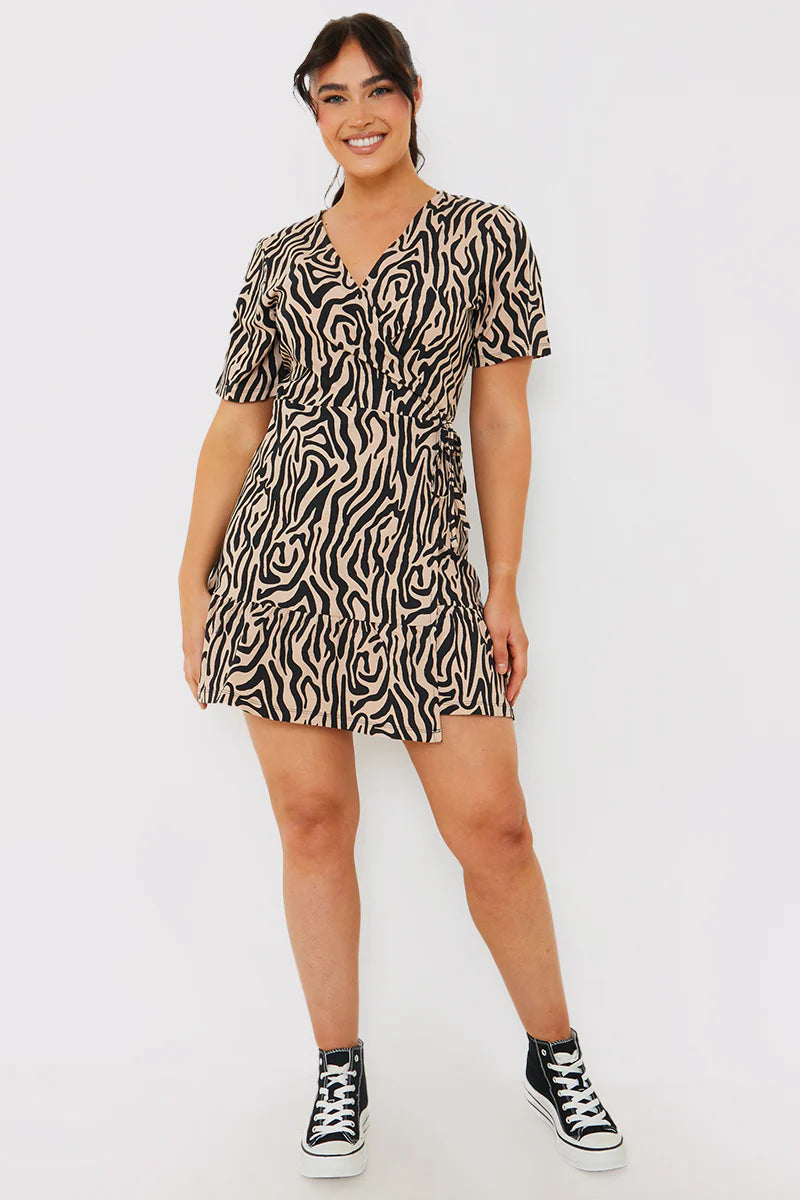 Animal Print Short Sleeve Wrap Swing Dress
