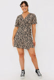 Animal Print Short Sleeve Wrap Swing Dress
