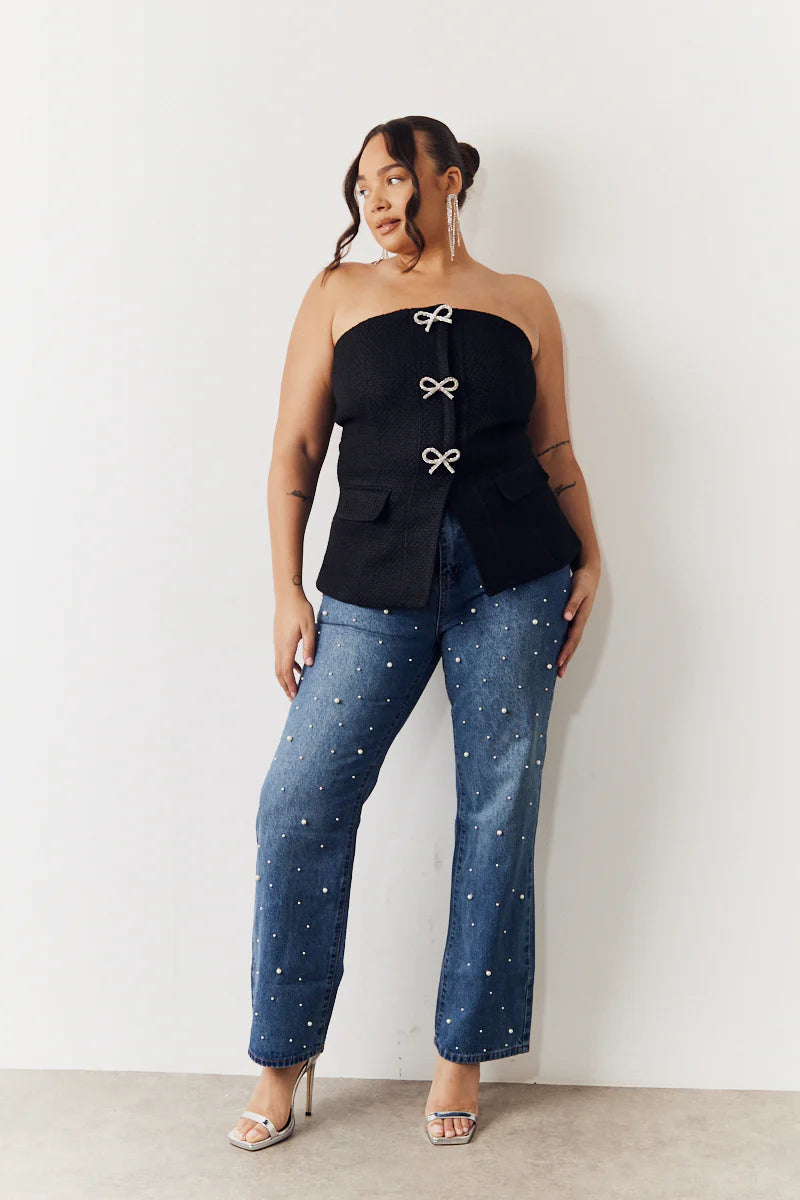 Black Boucle Bow Detail Bandeau Top