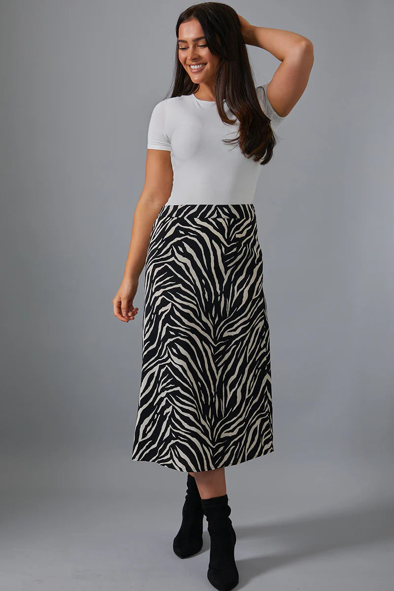 Zebra Print Satin Midi Skirt